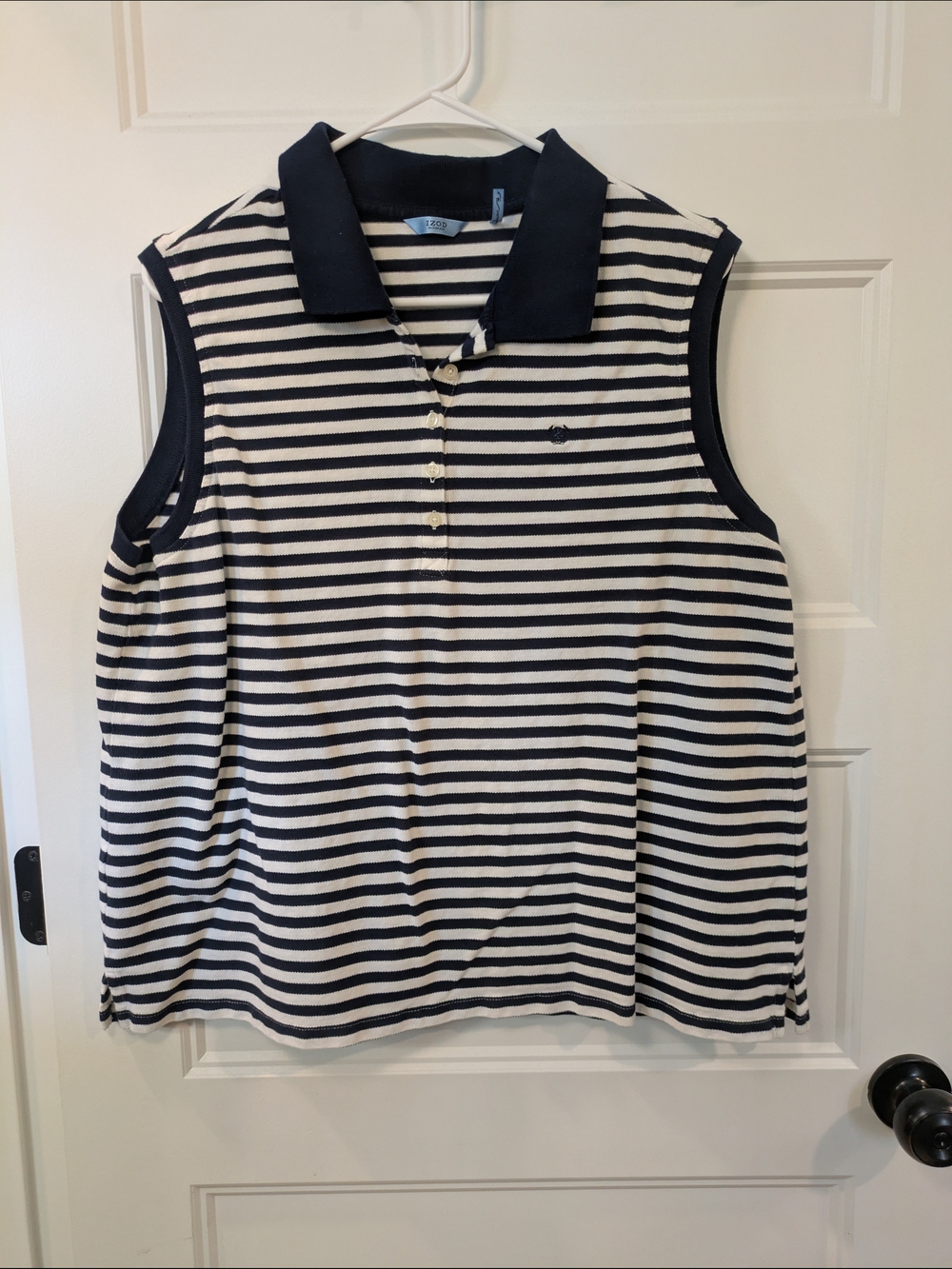 Izod Navy and White Striped Sleeveless Polo Tank